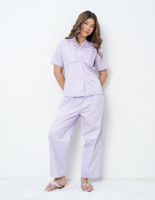 Lace Detail Lilac Cotton Satin Braless Pajama Set