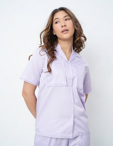 Lace Detail Lilac Cotton Satin Braless Pajama Set