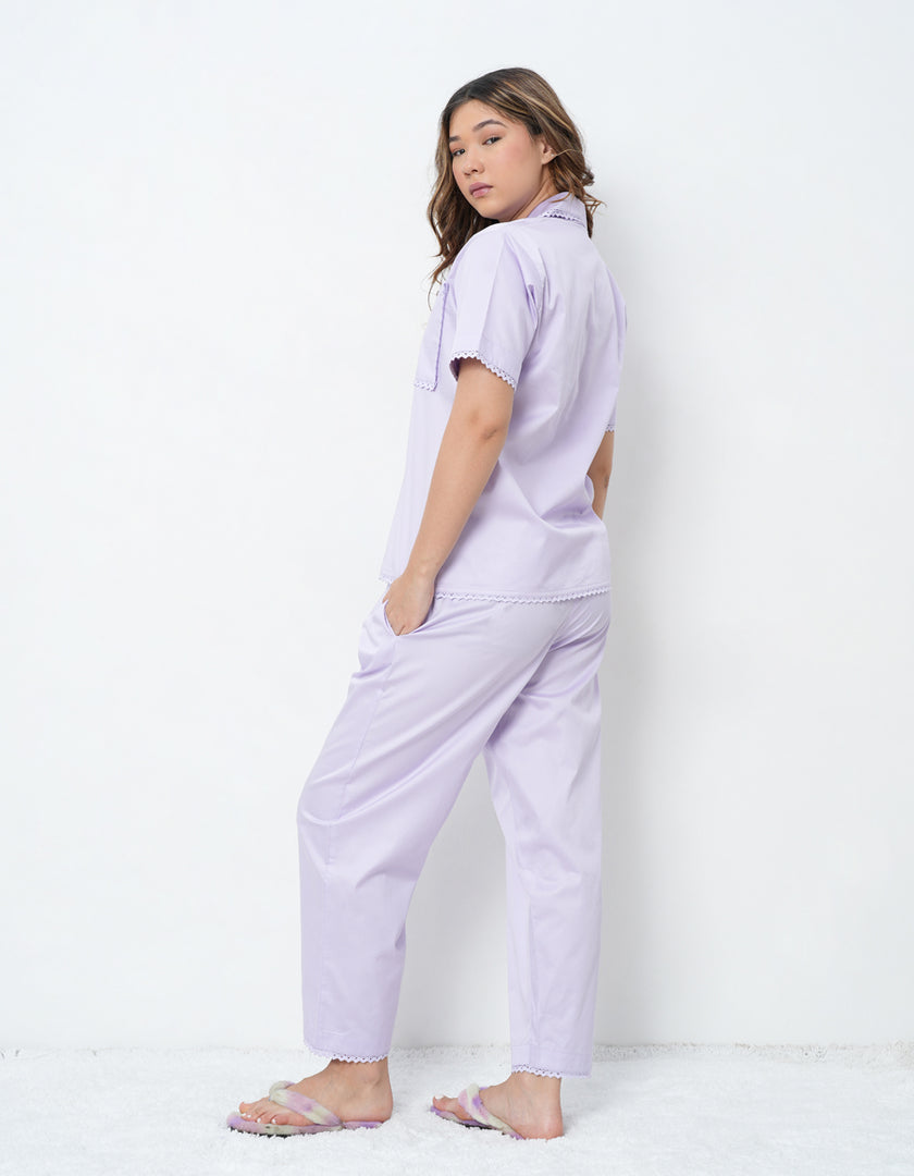 Lace Detail Lilac Cotton Satin Braless Pajama Set