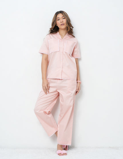 Lace Detail Peach Cotton Satin Braless Pajama Set