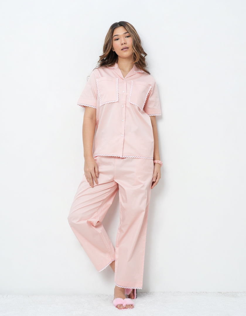 Lace Detail Peach Cotton Satin Braless Pajama Set