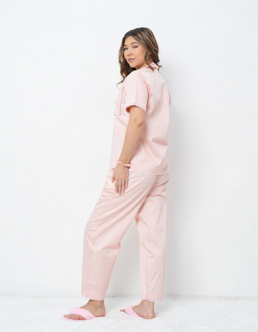 Lace Detail Peach Cotton Satin Braless Pajama Set