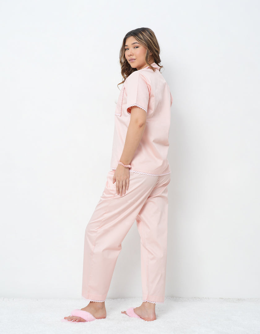 Lace Detail Peach Cotton Satin Braless Pajama Set