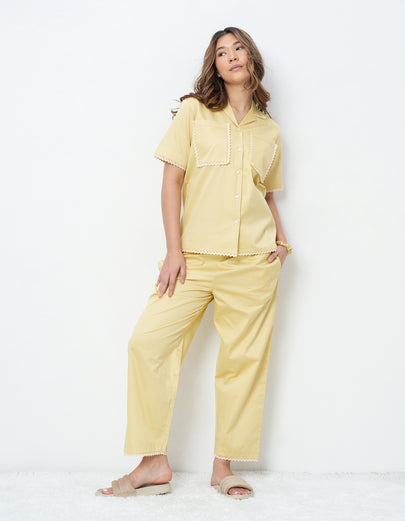Lace Detail Yellow Cotton Satin Braless Pajama Set