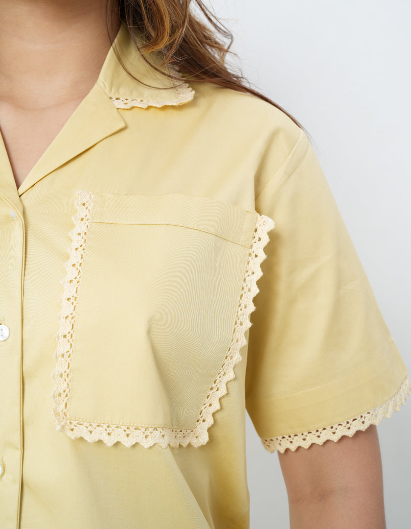 Lace Detail Yellow Cotton Satin Braless Pajama Set