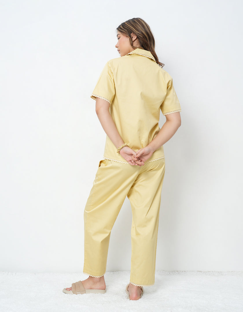 Lace Detail Yellow Cotton Satin Braless Pajama Set