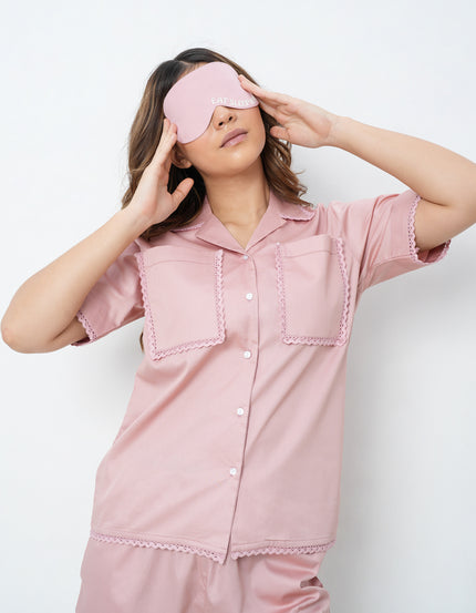 Lace Detail Pink Cotton Satin Braless Pajama Set