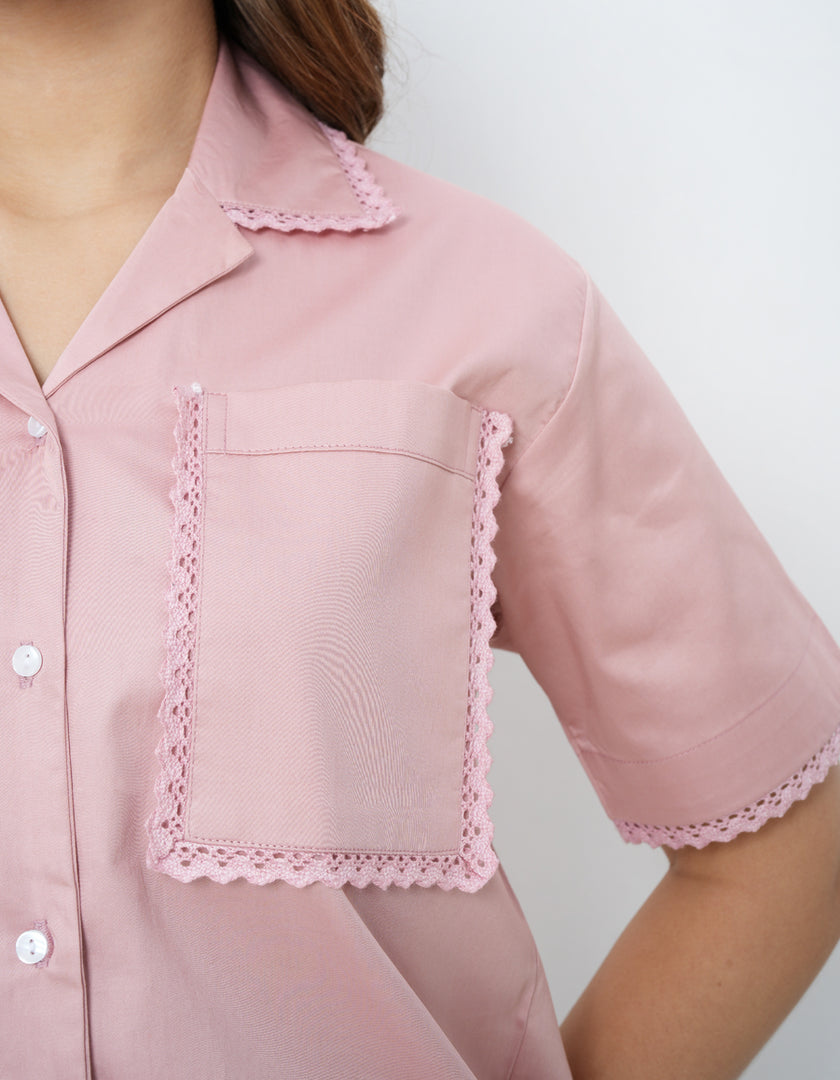 Lace Detail Pink Cotton Satin Braless Pajama Set