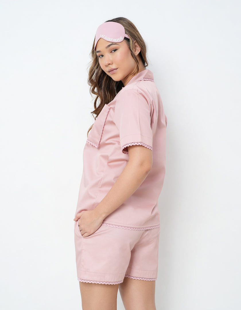 Lace Detail Pink Cotton Satin Braless Pajama Set