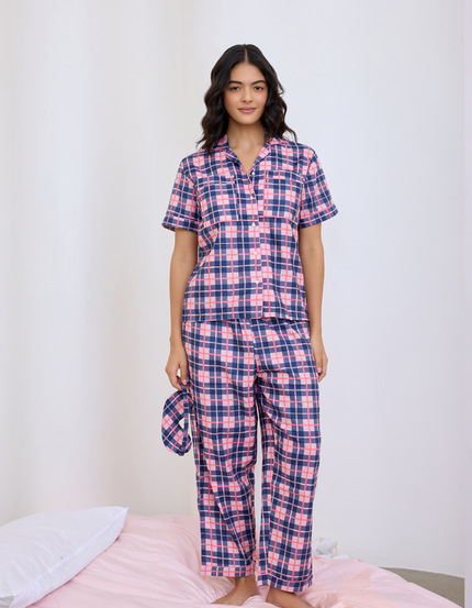 Pink & Blue Checks Cotton Braless Nightsuit