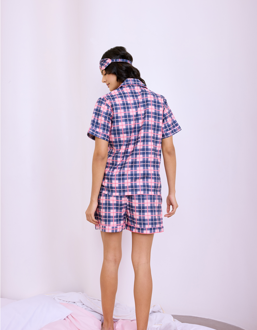 Pink & Blue Checks Cotton Braless Nightsuit