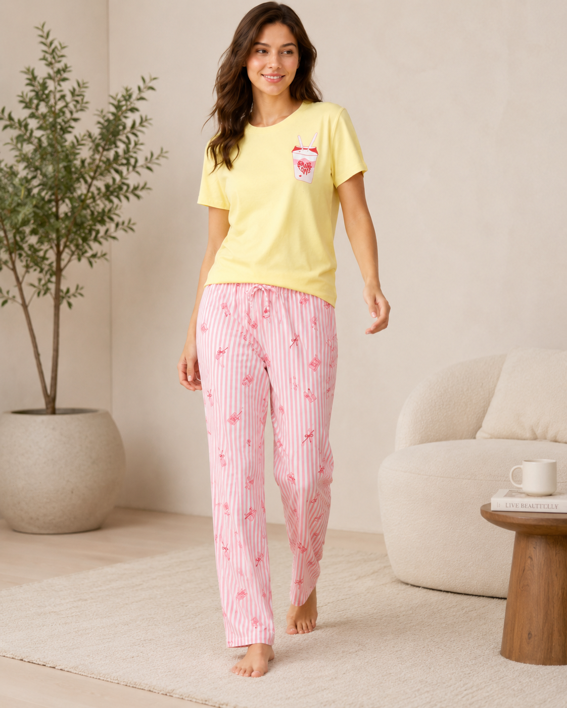 Yellow Graphic Padded T-Shirt with Pink Striped Pajama Nightsuit Set