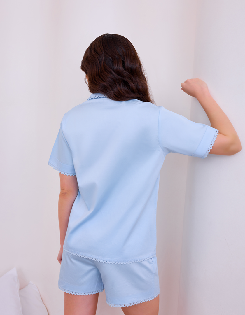 Sky Blue Lace Trimmed Cotton Braless Night Suit