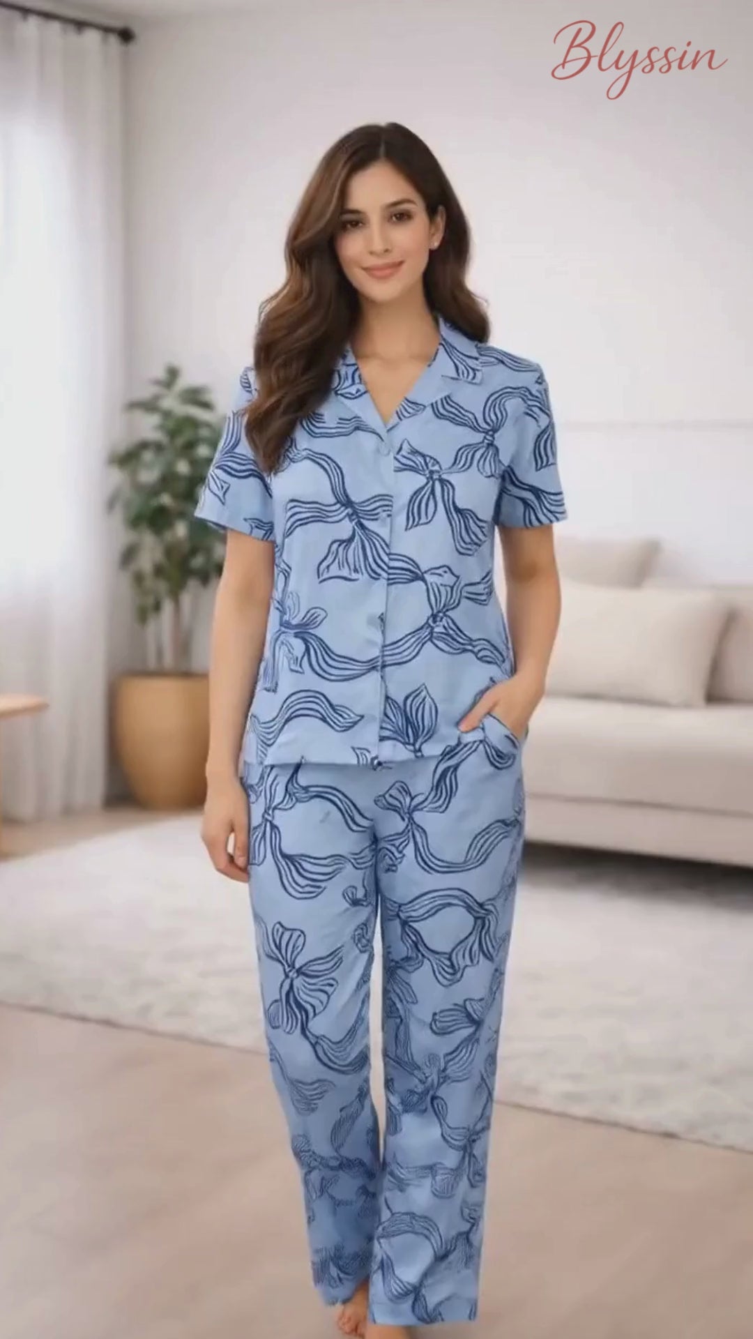 Blue Satin Bow Padded Night Suit