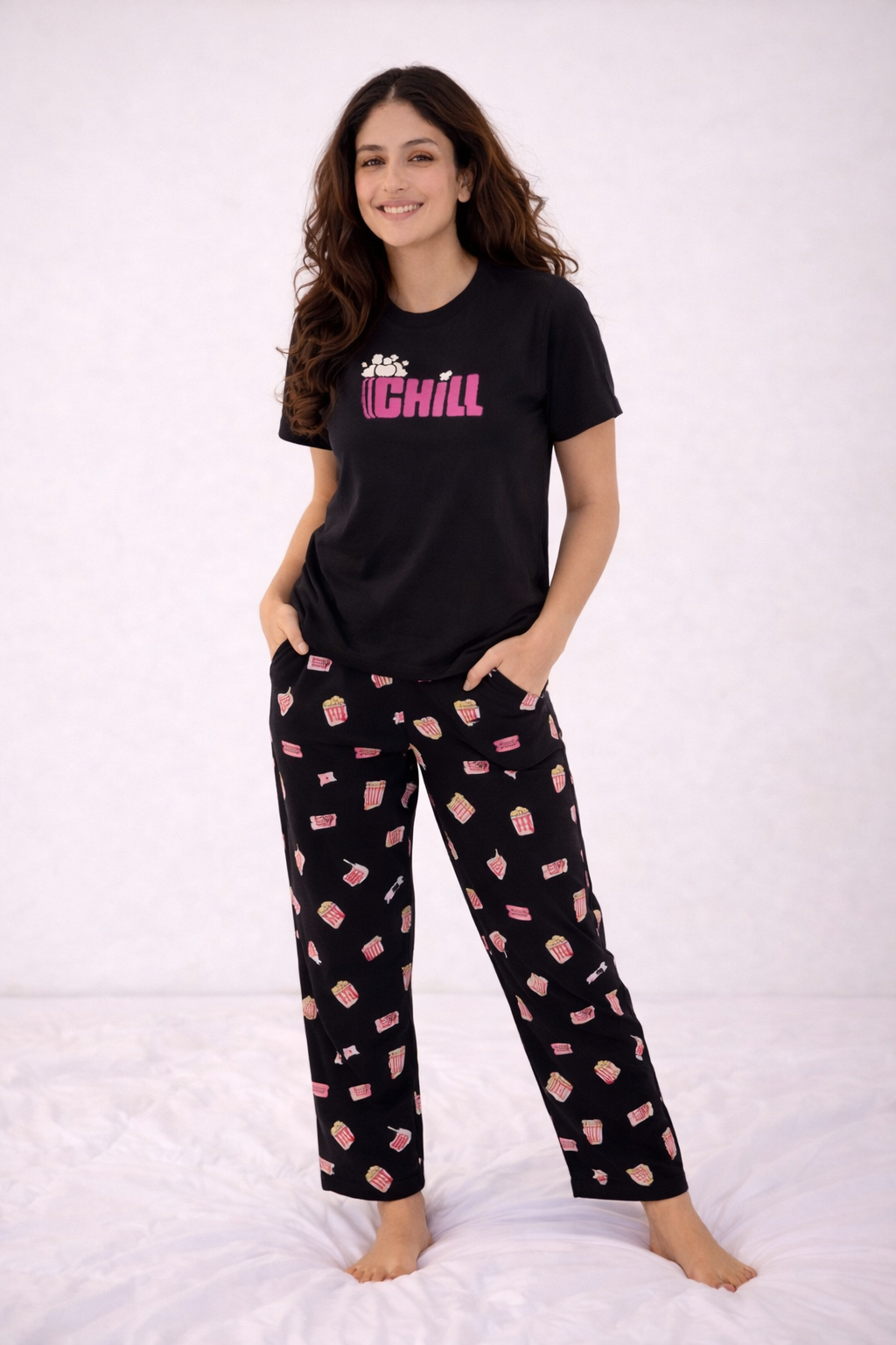 Black Chill & Popcorn Printed Padded Night Suit