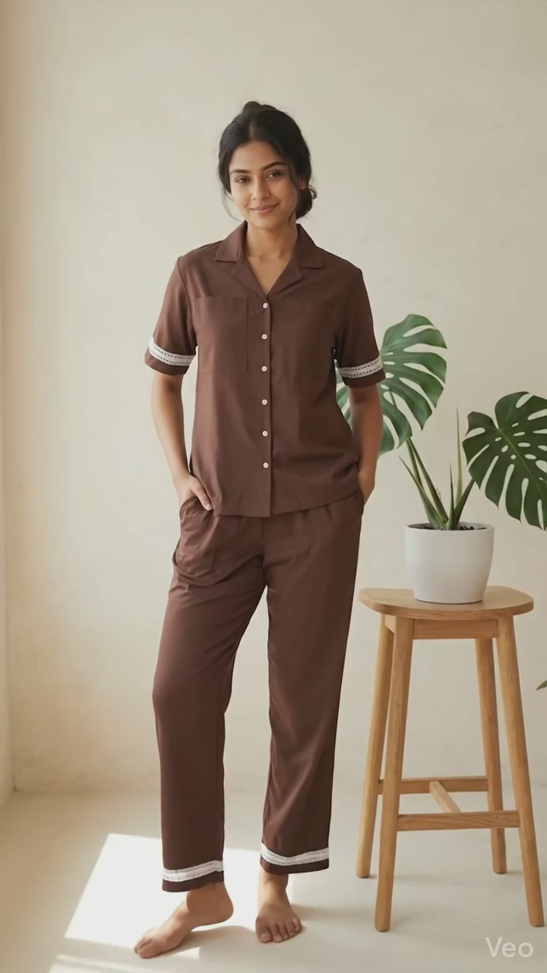Coffee Brown Lace-Trim Cotton Braless Pajama Set